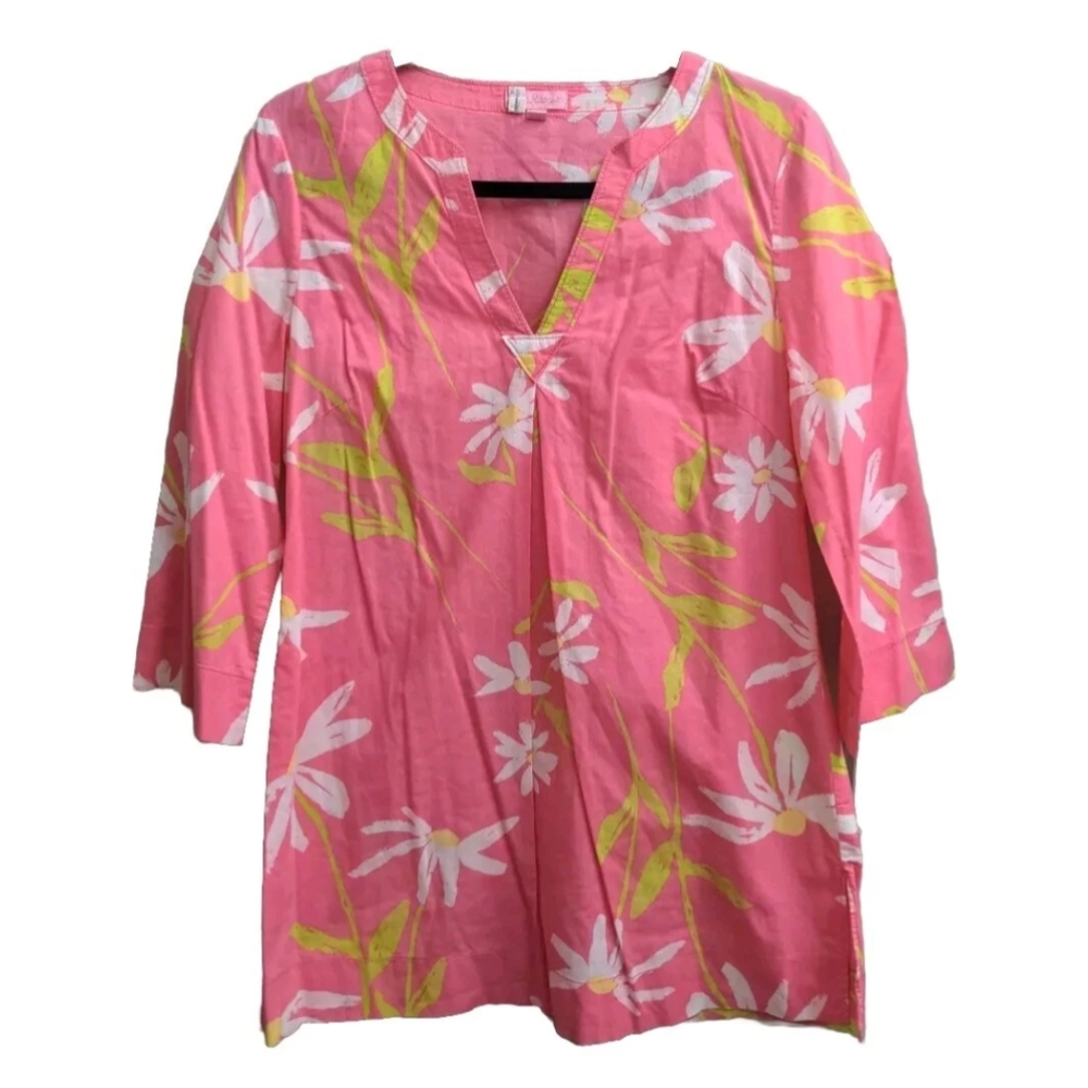 Lilly Pulitzer Swim Cover Up Tunic Pink Daisies Floral 3/4 Sleeve Women's Medium